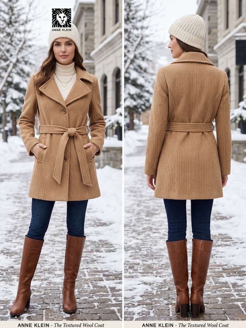 Anne Klein Camel Textured Belted Wool Blend Preppy Pea Winter Coat SZ M